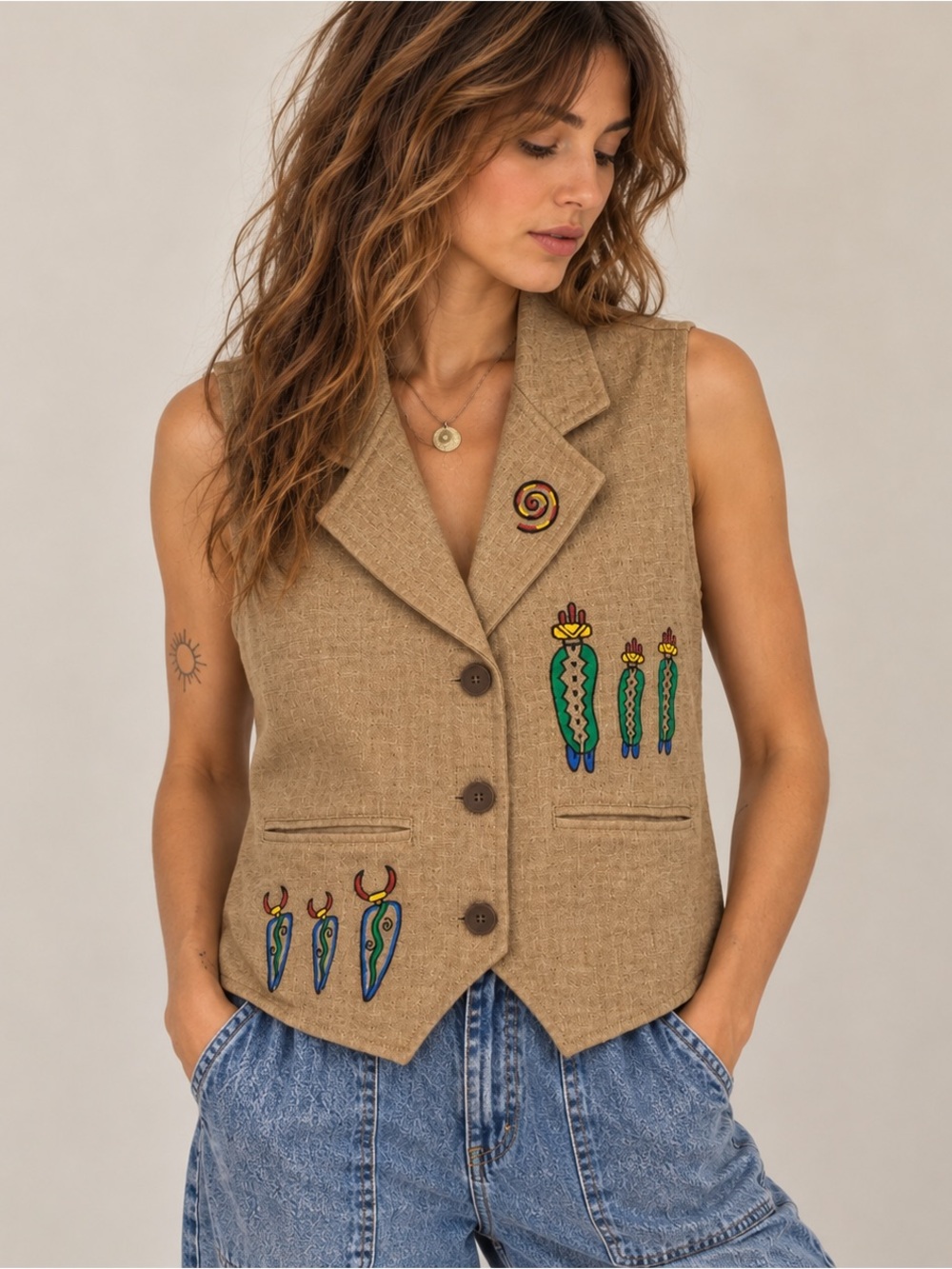 VENUS Beige Embellished Women's Vest with Multicolor Accents